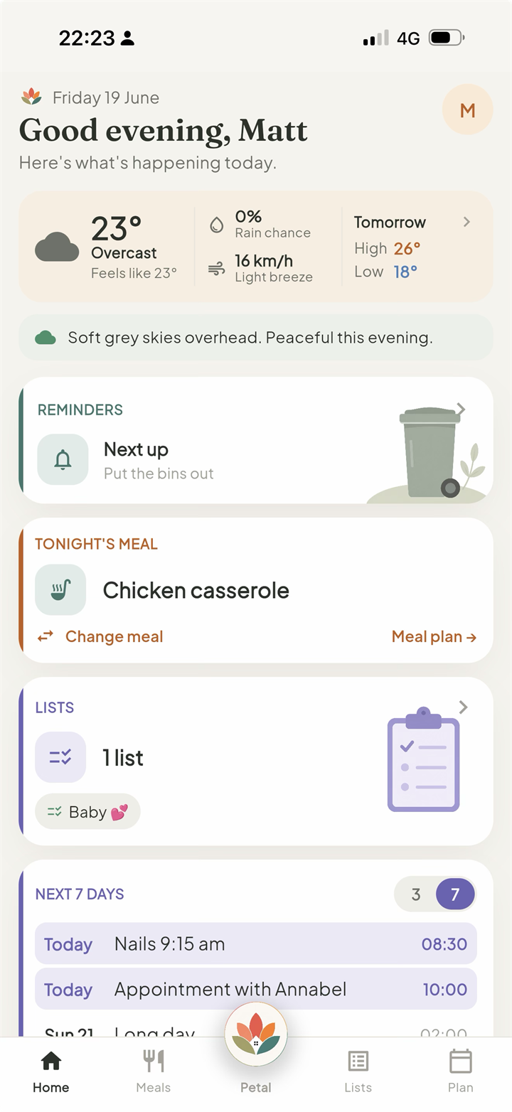 Petal Home meals screen