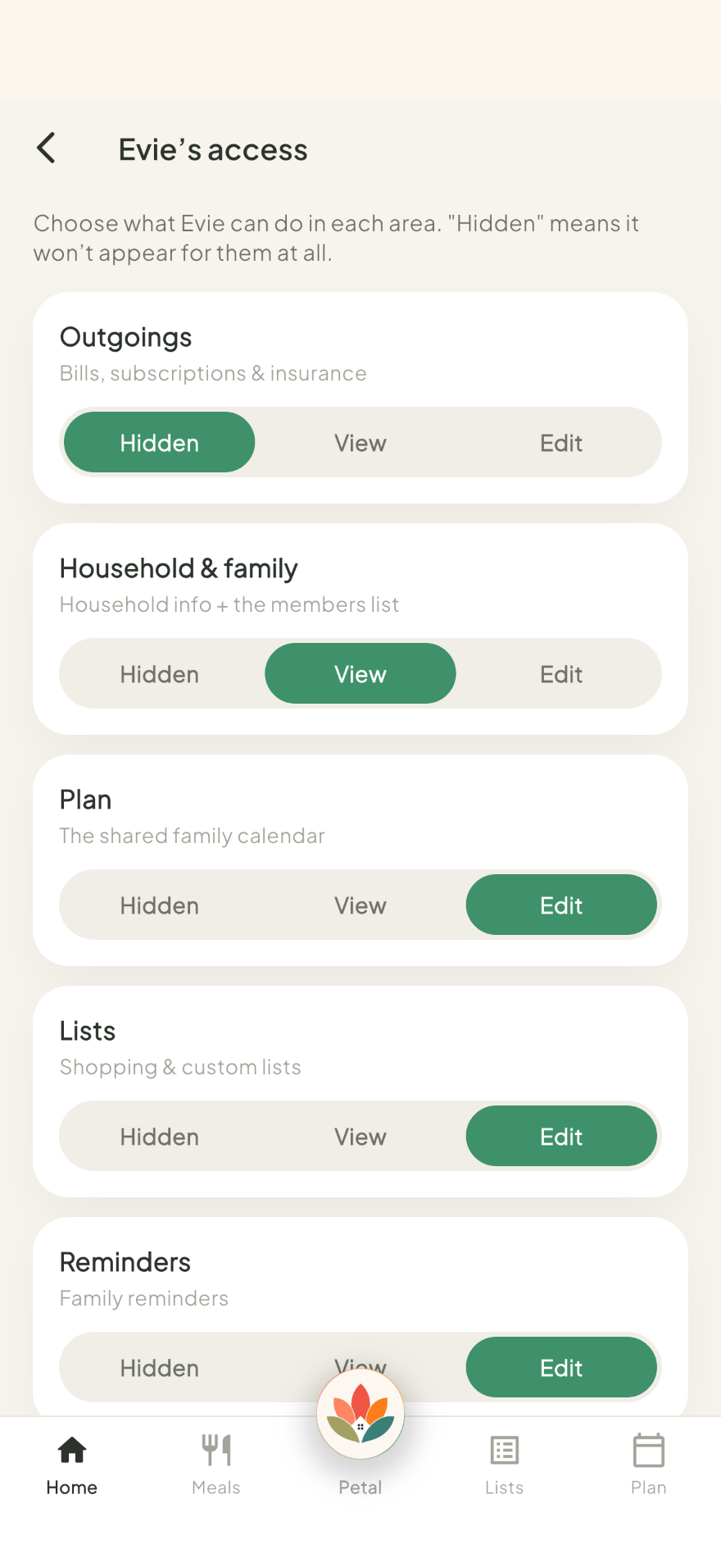 Petal Home child access controls screen