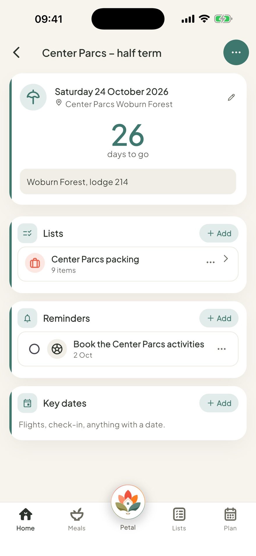 A Petal Home countdown holding a trip's packing list, reminders and key dates