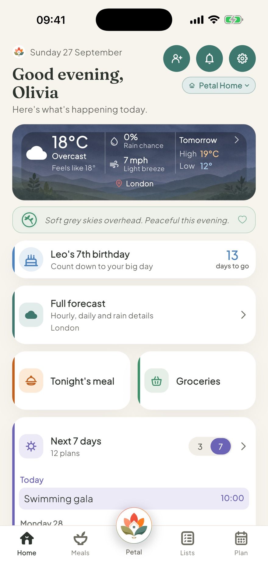 The Petal Home Home screen showing today's plans and the weather