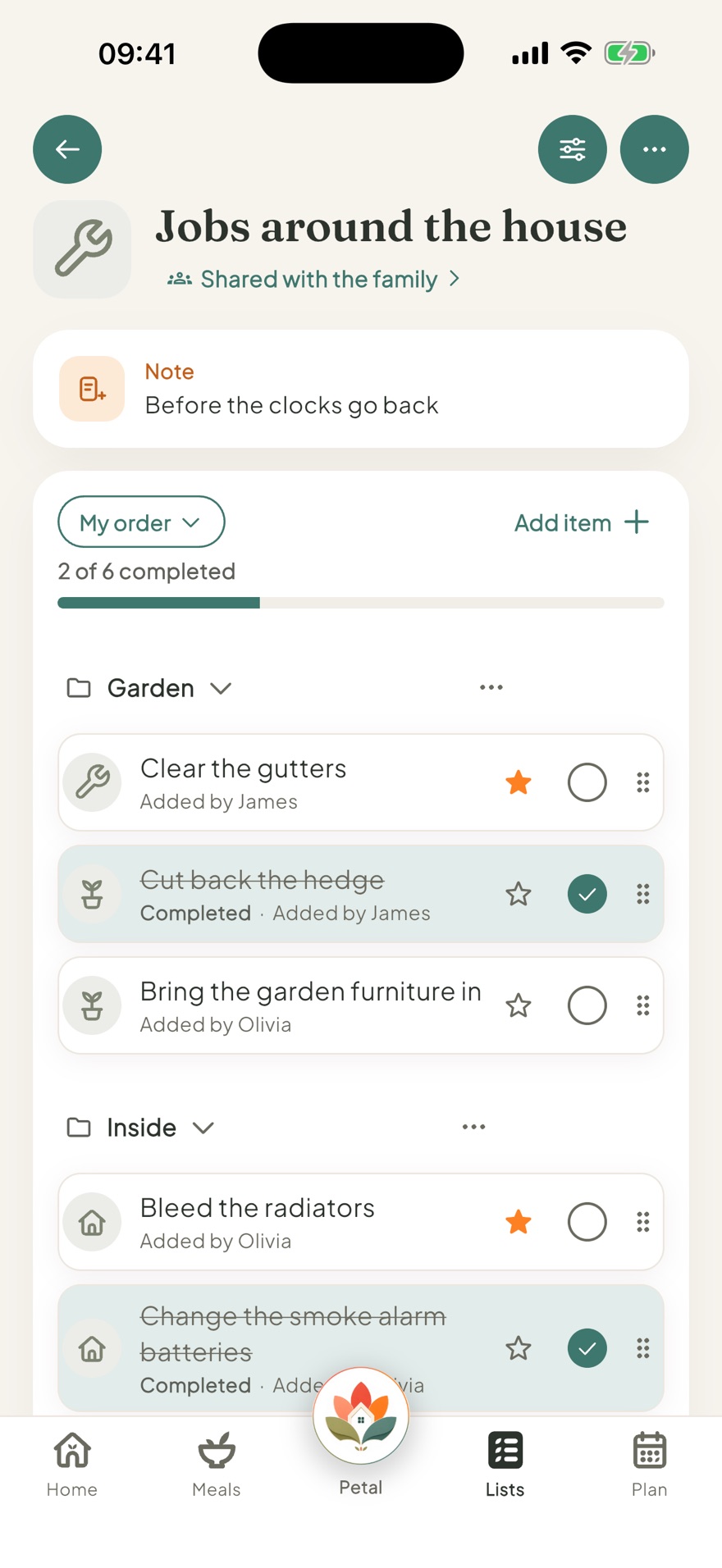A shared Petal Home list in sections, showing who added each item and what is done