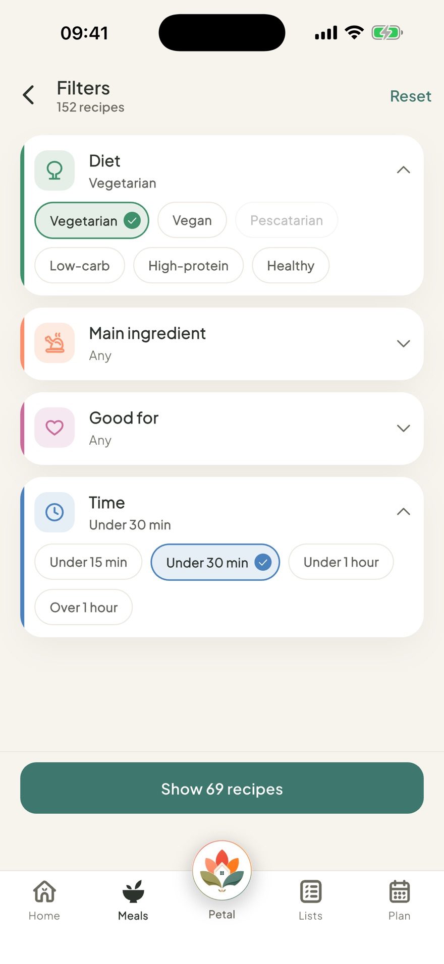 Petal Home recipe filters for diet, time and more