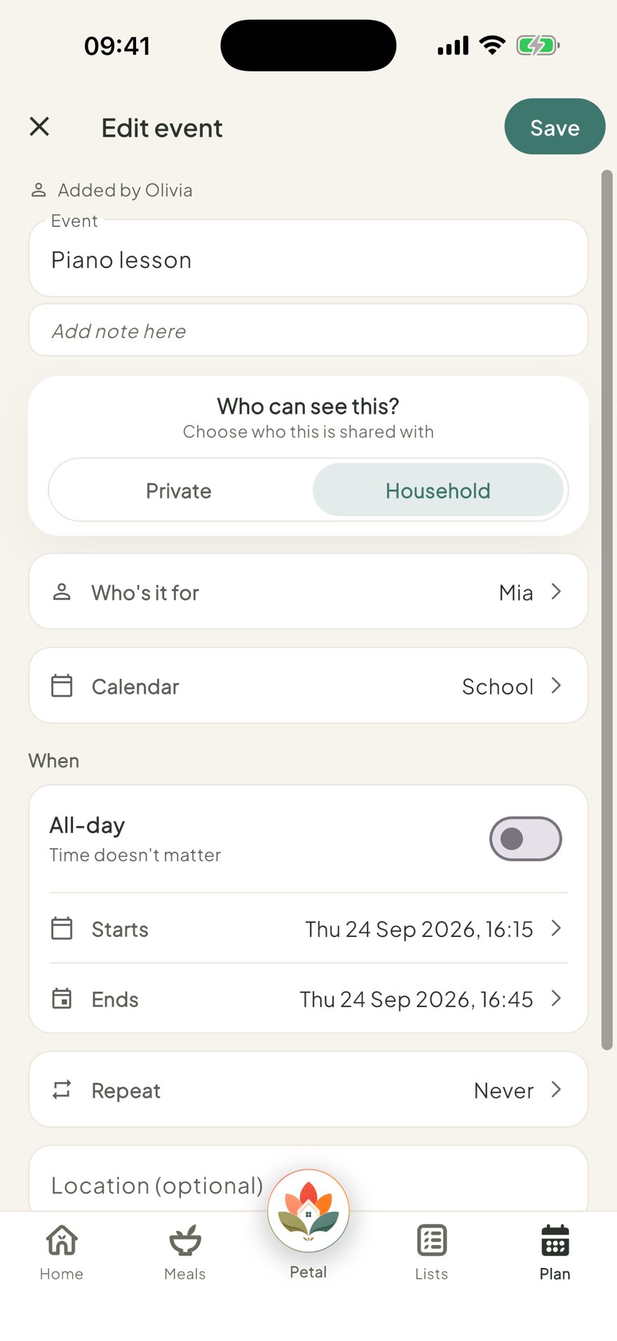 Adding a plan in Petal Home, with a note, who can see it and who it is for