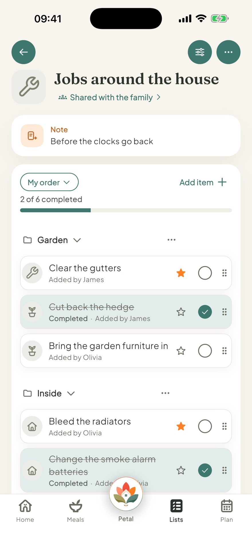 A shared Petal Home list in sections, showing who added each item and what is done