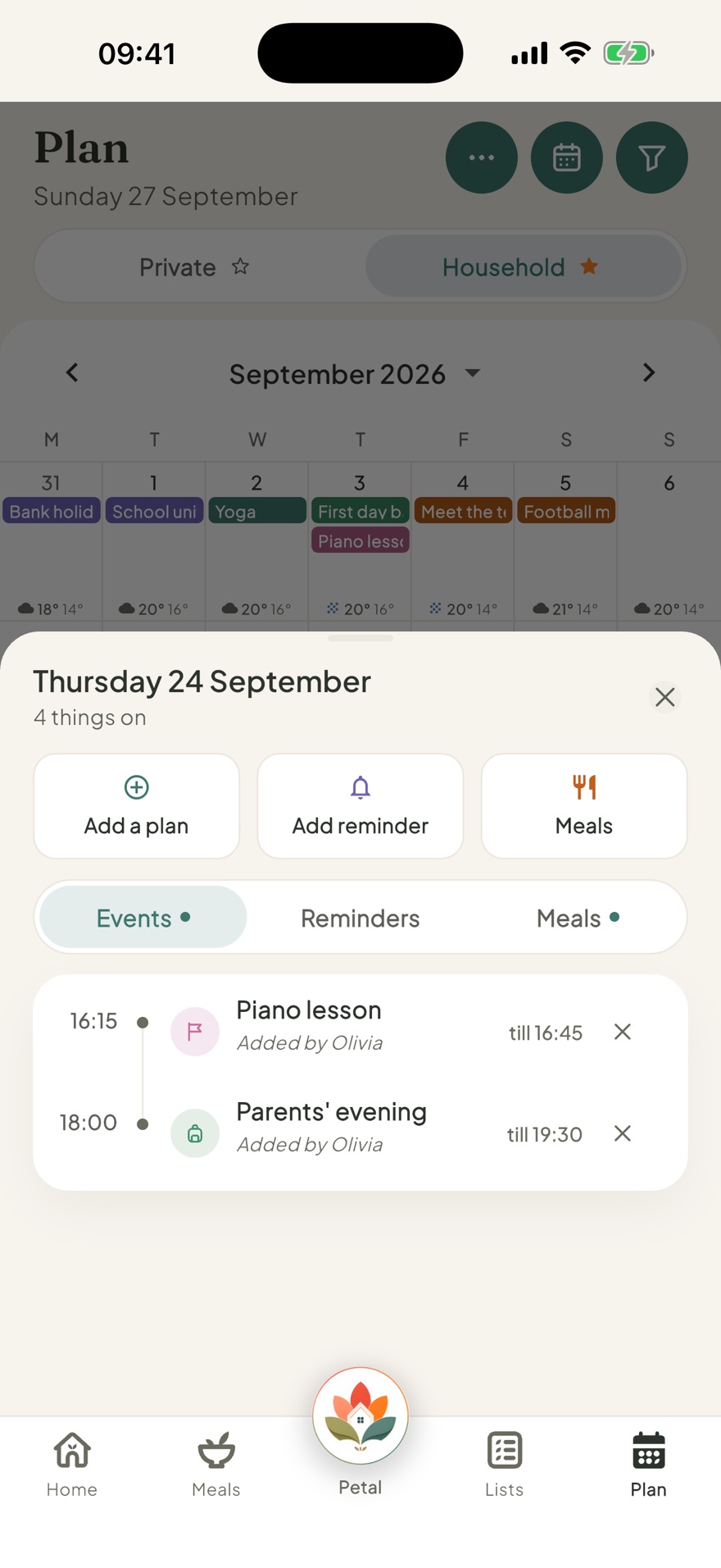 Tapping a day on the Petal Home calendar to see its plans