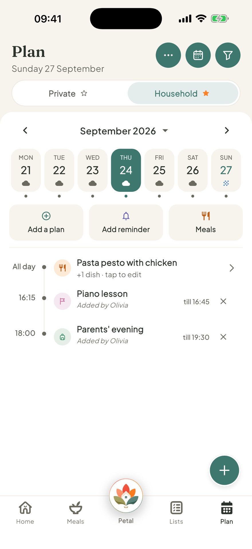 The Petal Home Plan screen showing a family week