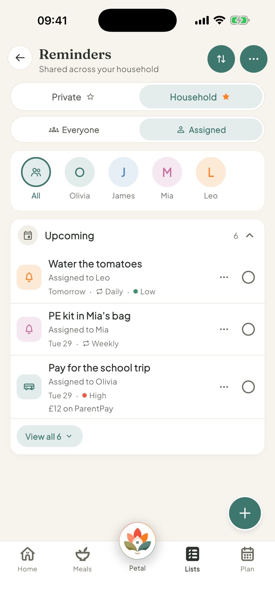 Petal Home reminders assigned to different people in the household