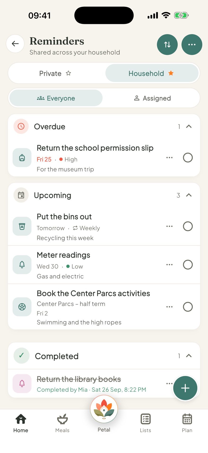 Petal Home reminders showing an overdue item and a weekly repeating bins reminder