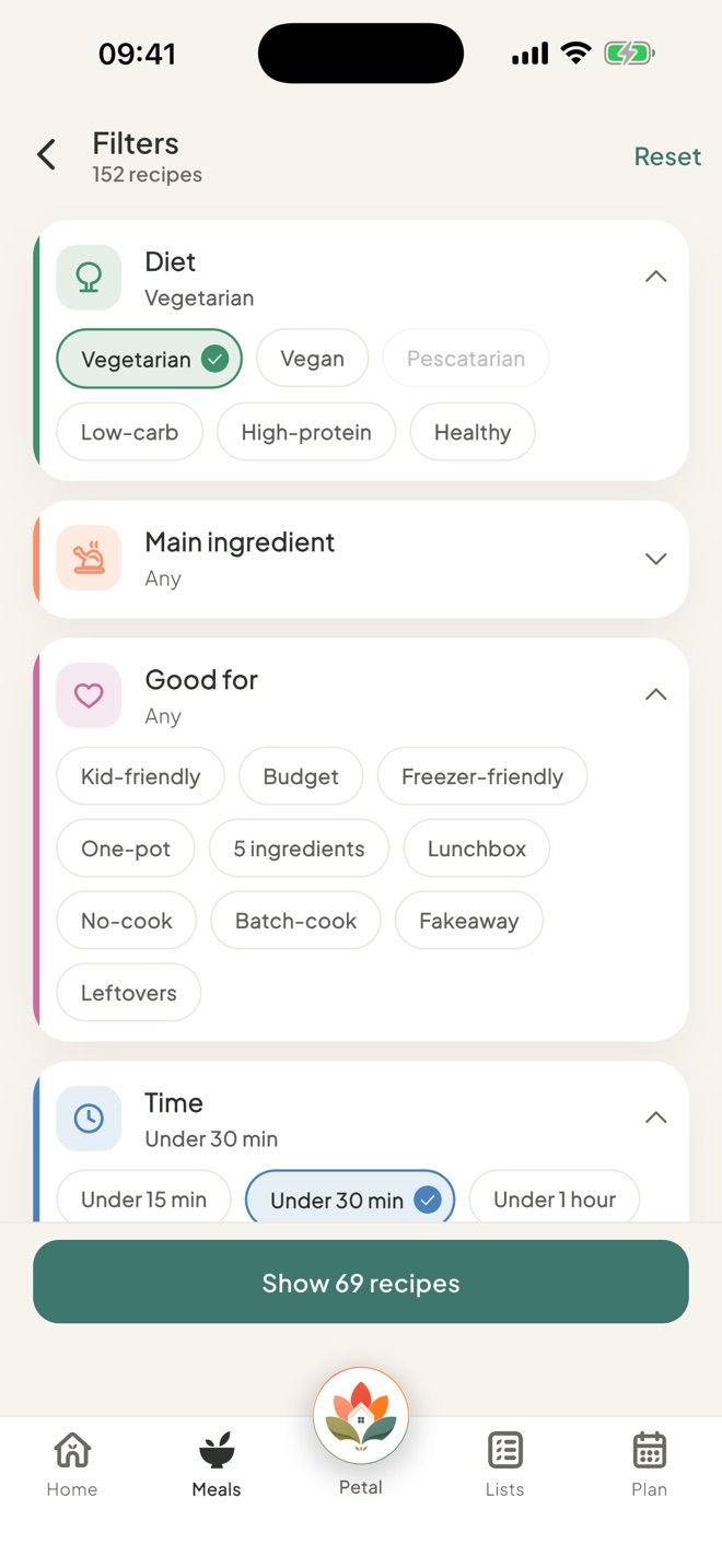The Petal Home recipe filters, with Good for options such as Freezer-friendly, Batch-cook and Leftovers