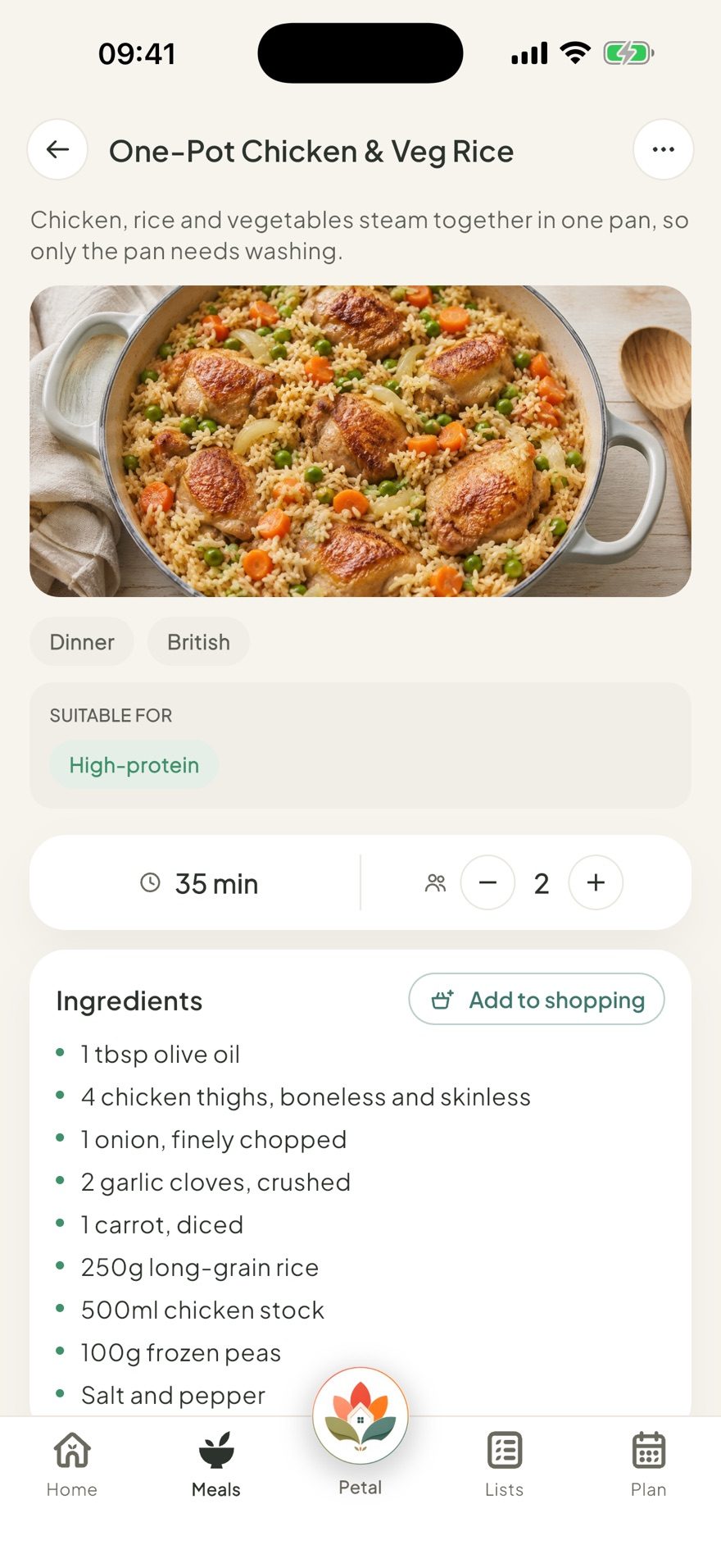 Adding a recipe's ingredients to the shopping list in Petal Home