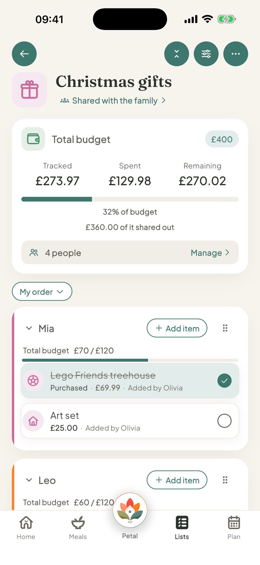 Petal Home Christmas gift list with a total budget split by person