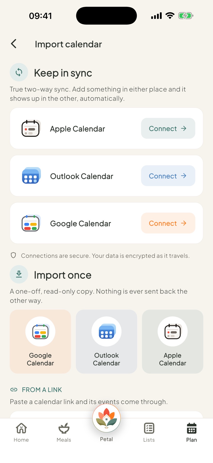 Connecting Google, Outlook and Apple Calendar in Petal Home, with two-way sync