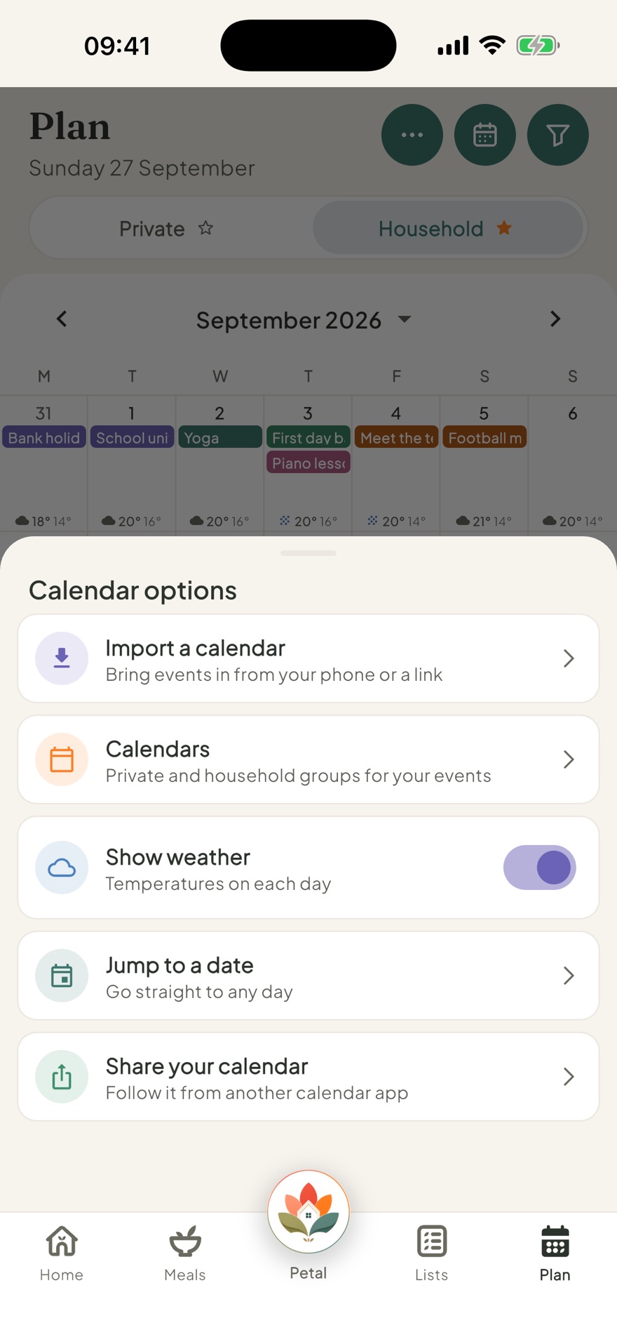 Petal Home calendar options: import a calendar, calendars, weather, jump to a date, share