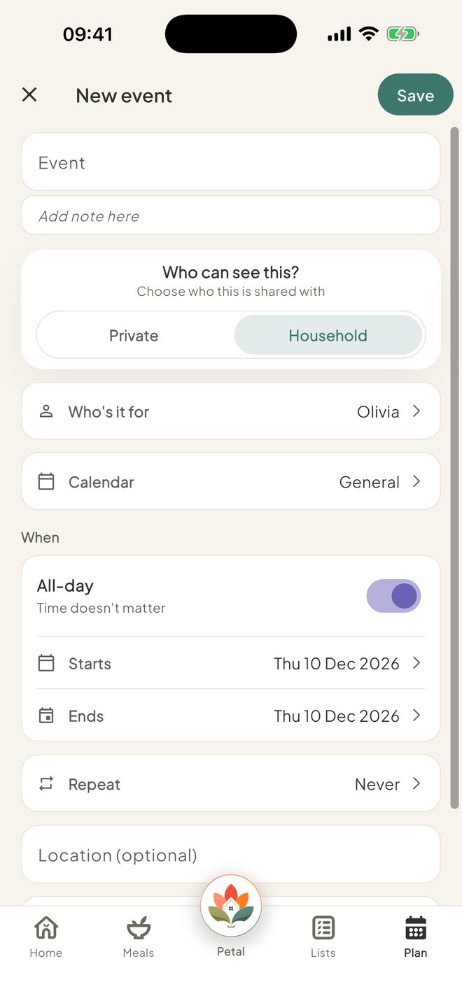 Choose when you add something, in the Petal Home app