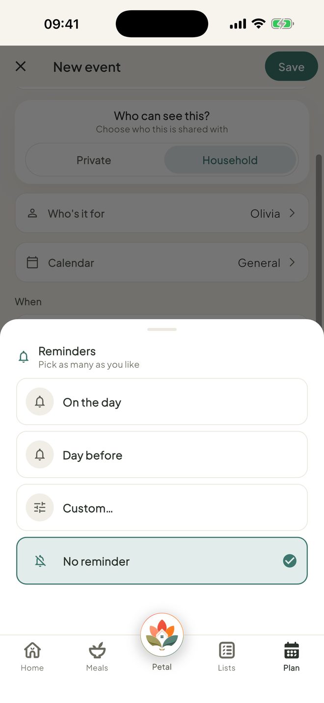 Choose your reminders, in the Petal Home app