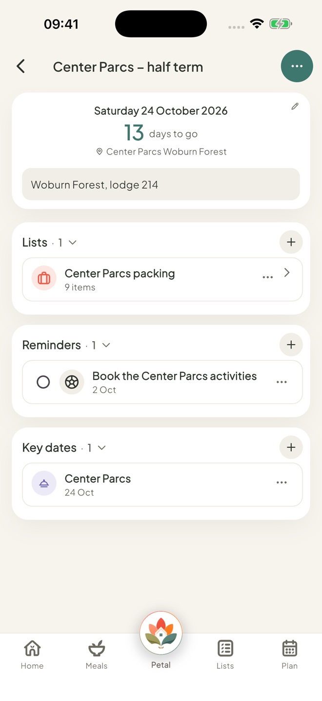 Add lists, reminders and key dates, in the Petal Home app