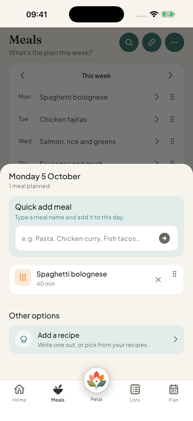 Add a meal to a day, in the Petal Home app
