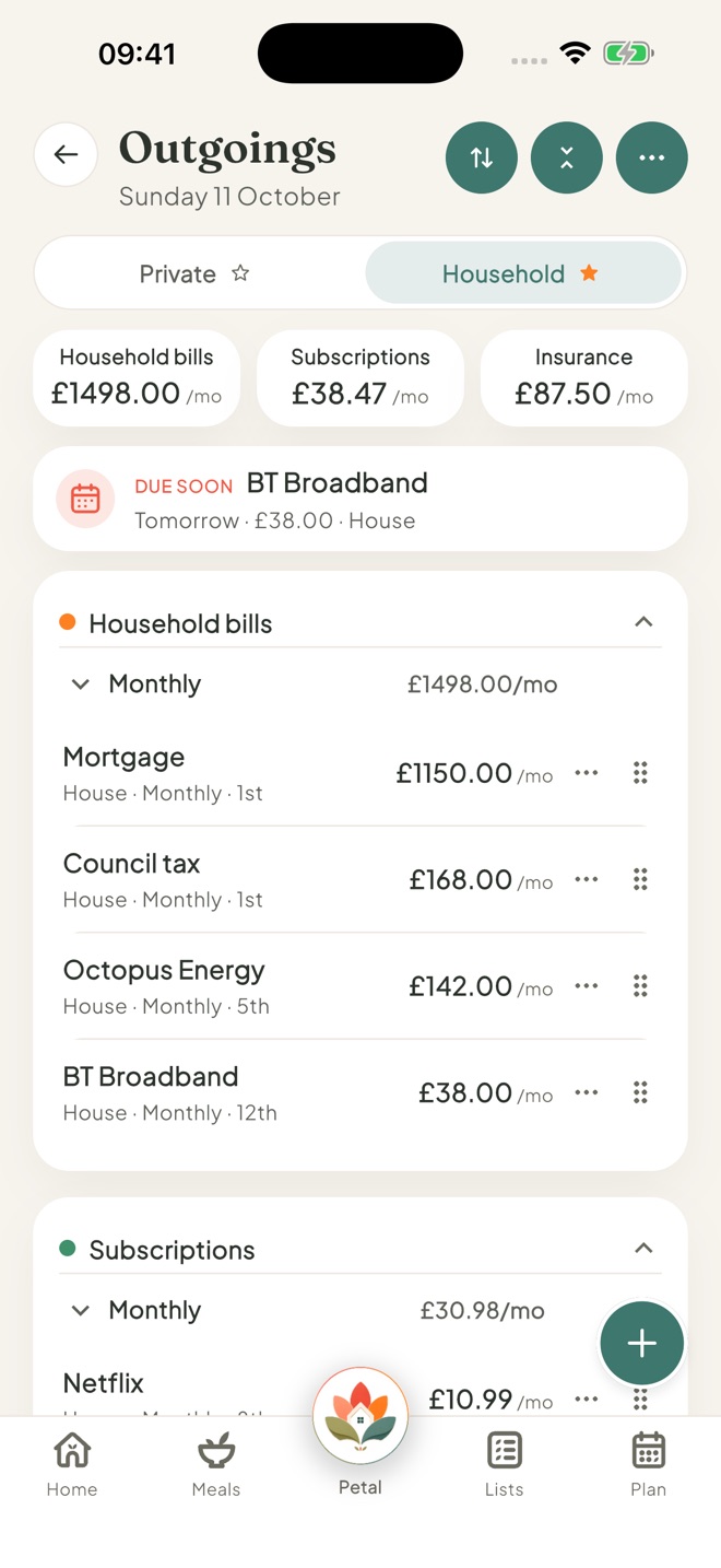 Open Outgoings, in the Petal Home app
