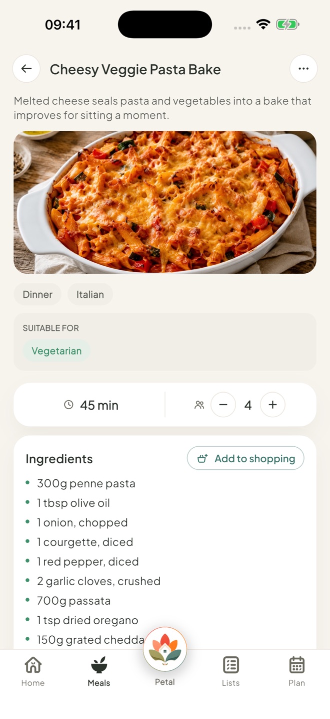 Send ingredients to Groceries, in the Petal Home app