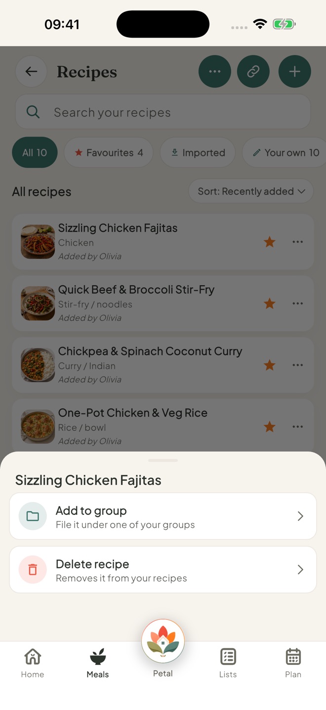 Put a recipe in a group, in the Petal Home app