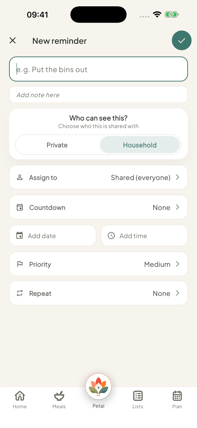 Add a reminder, in the Petal Home app