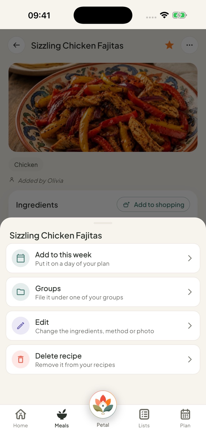 Edit or delete a recipe, in the Petal Home app