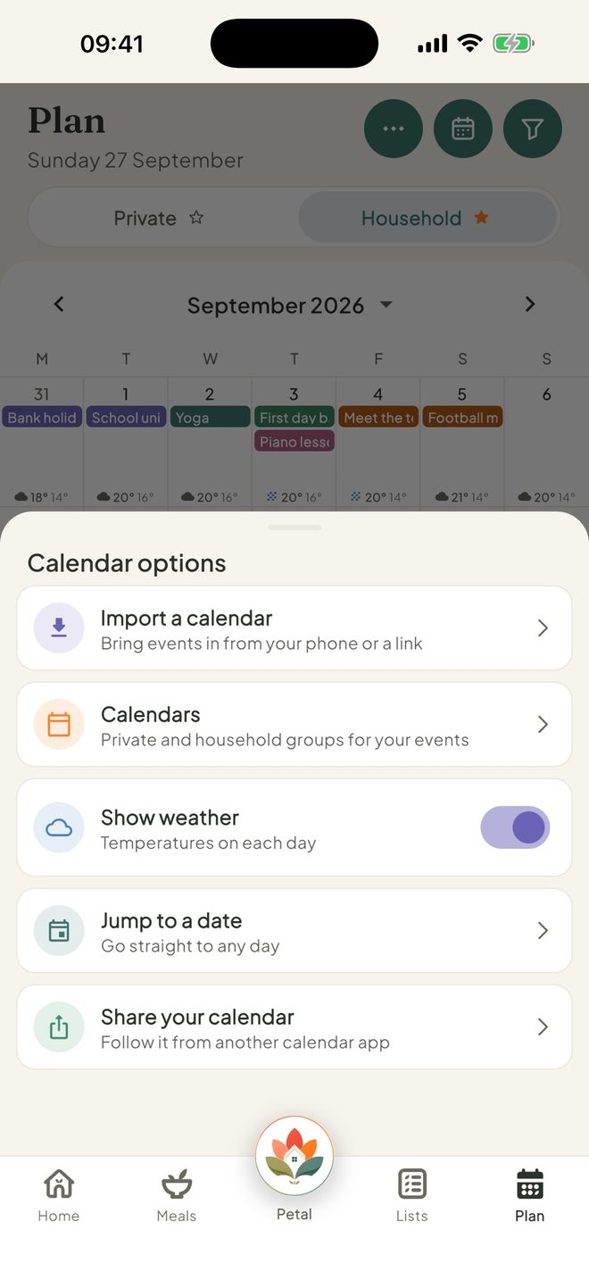 Open Calendar options, in the Petal Home app