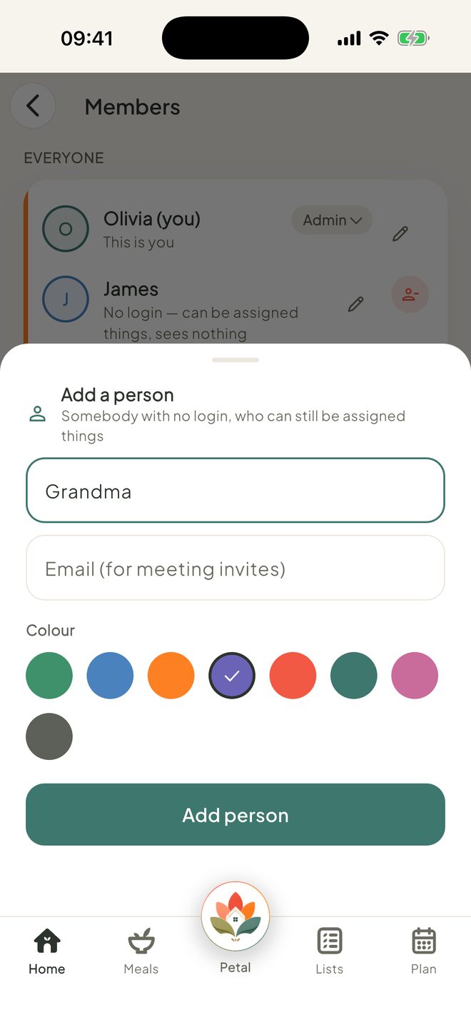 Add a person, in the Petal Home app