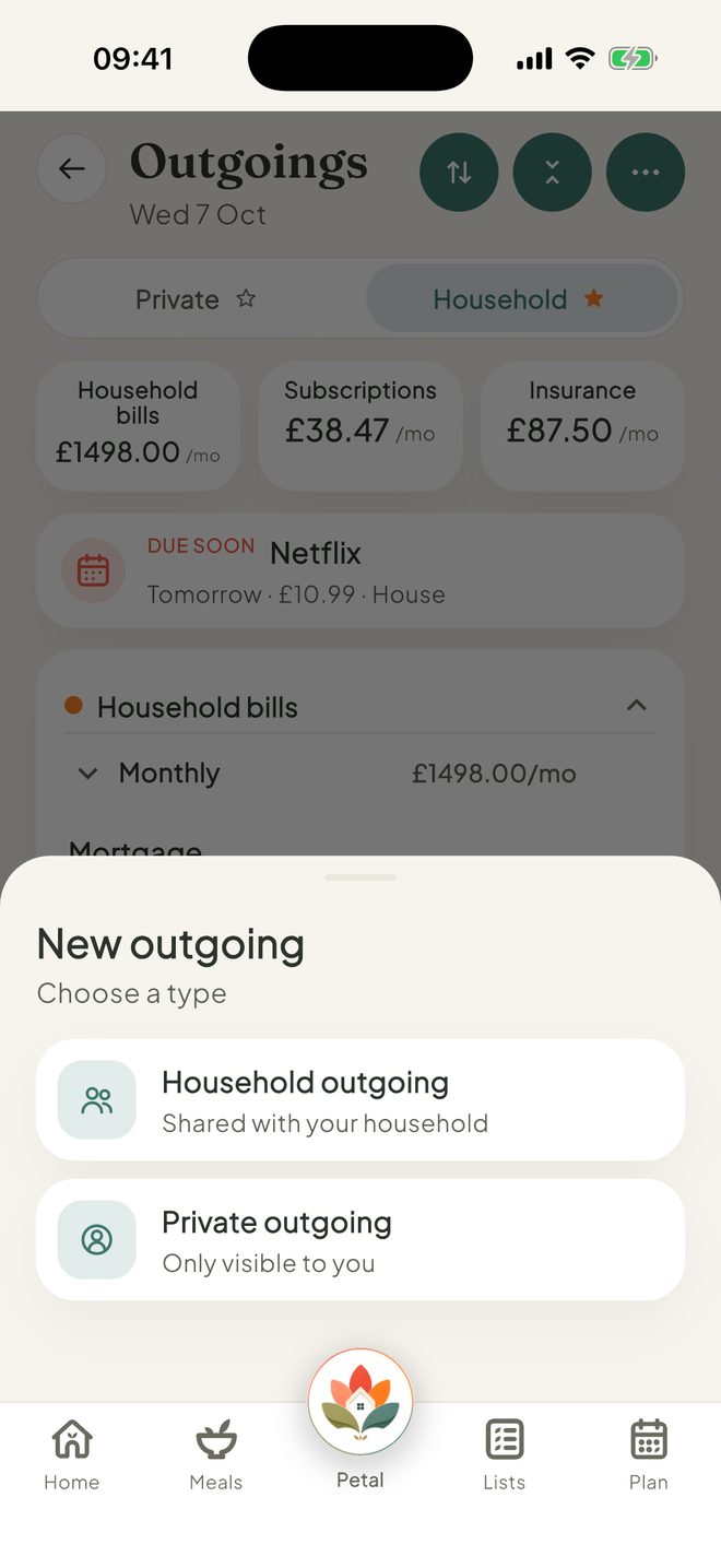 Add a bill, in the Petal Home app