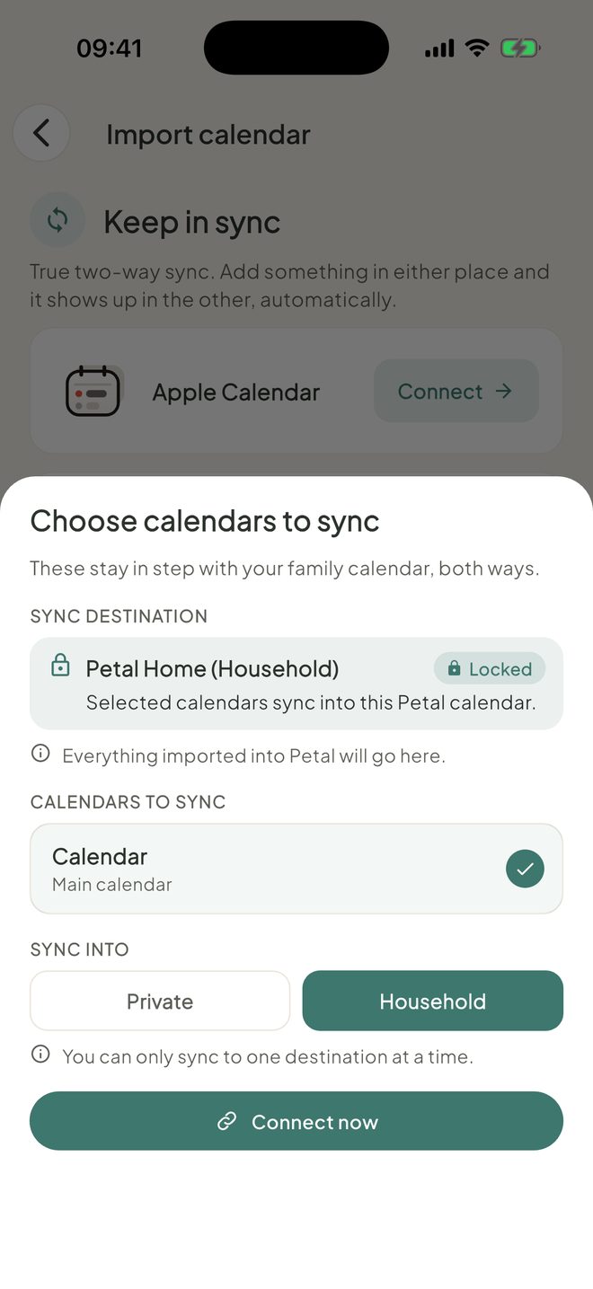 Pick your calendars and who sees them, in the Petal Home app