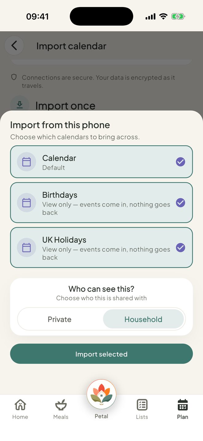 Pick the calendars, in the Petal Home app