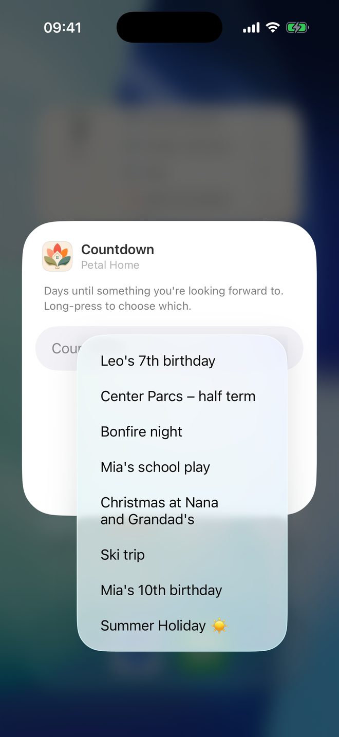 Choose which countdown, in the Petal Home app