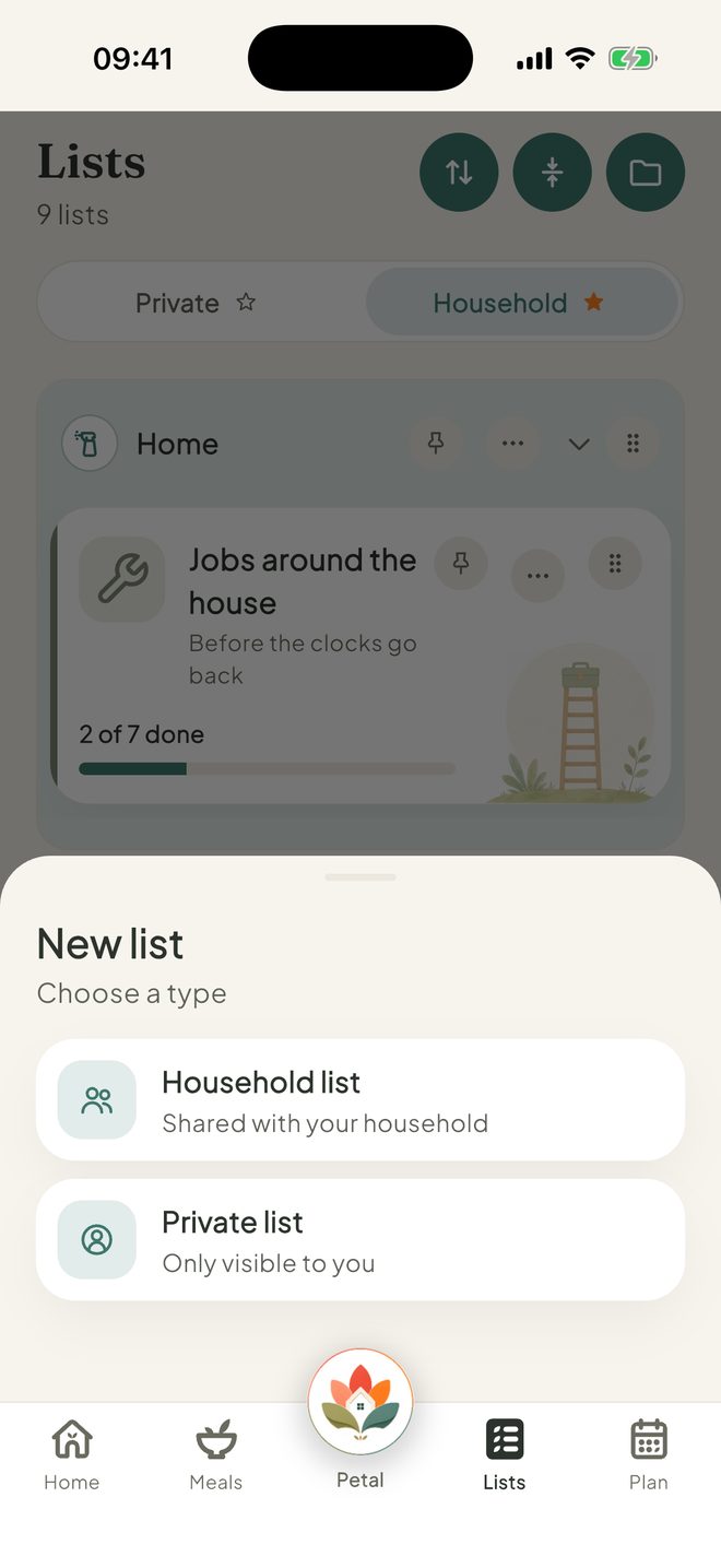 Make a list, in the Petal Home app