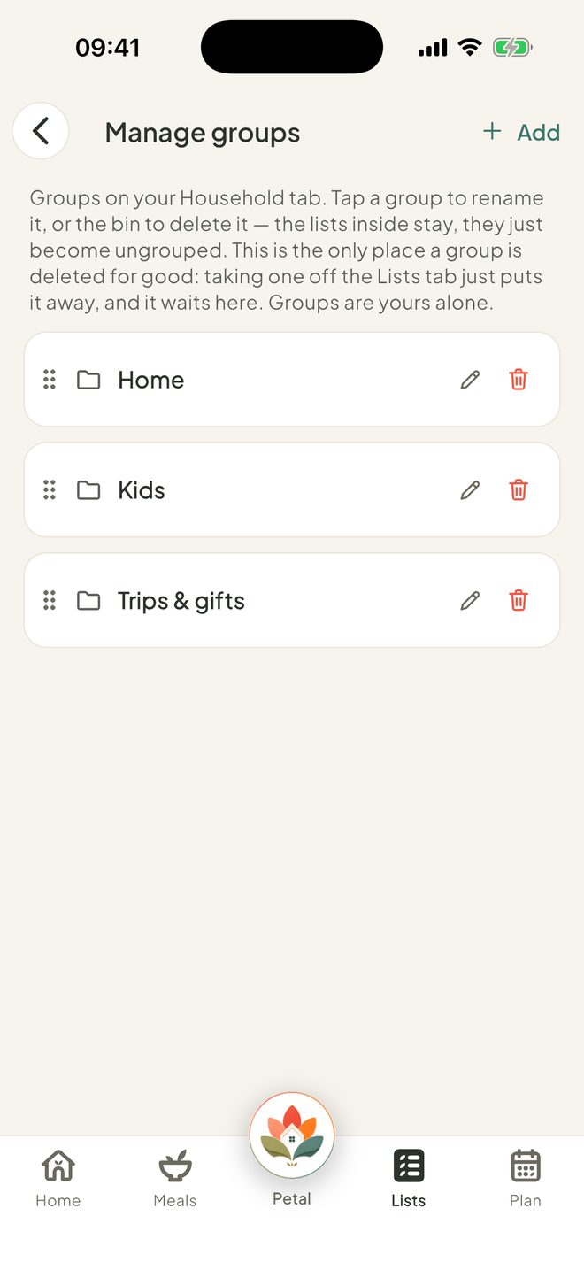 Put lists in groups, in the Petal Home app
