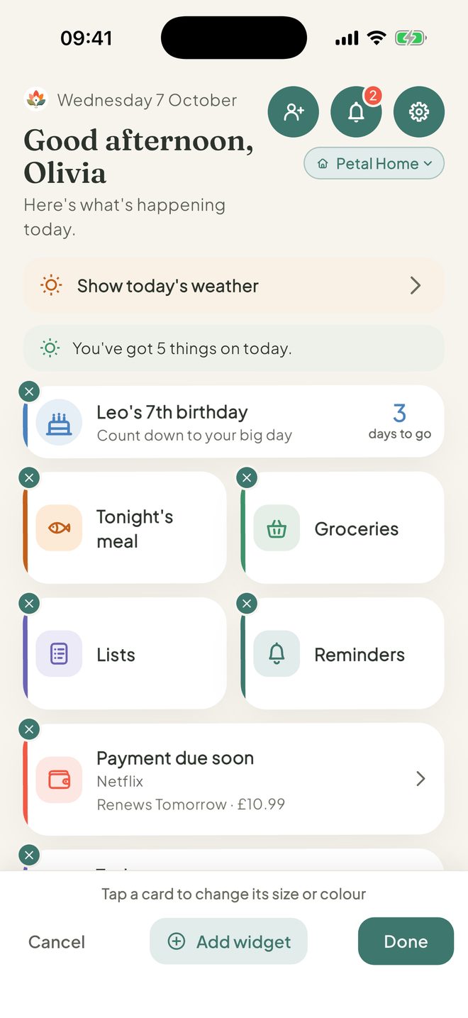 Move or remove cards, in the Petal Home app