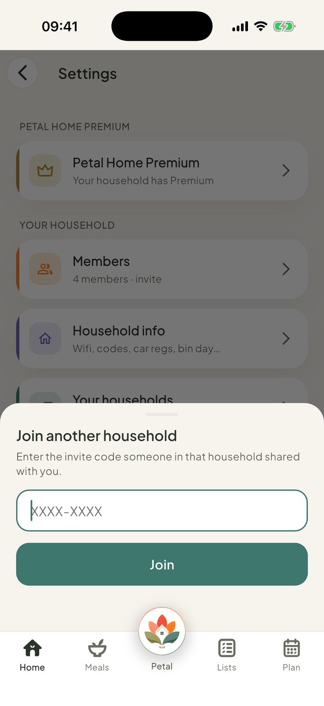 Join another household, in the Petal Home app