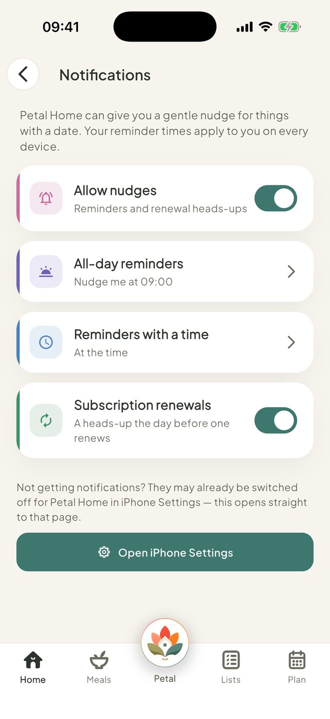 Allow nudges, in the Petal Home app