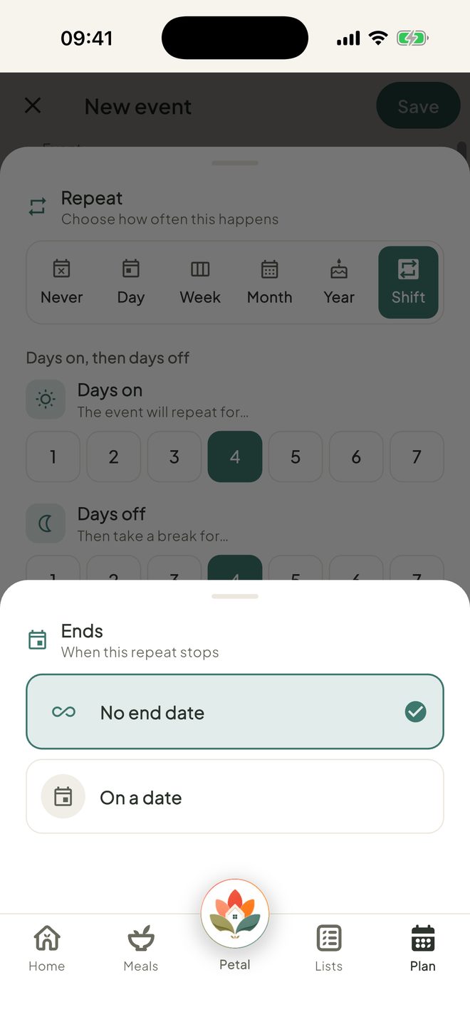 Choose when it ends, then save, in the Petal Home app