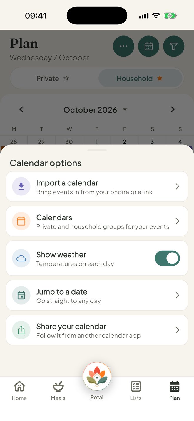 Weather on the calendar, in the Petal Home app