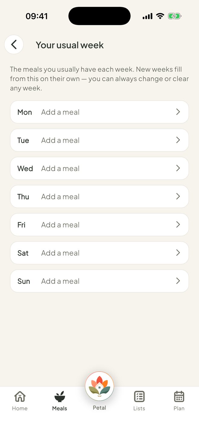 Let new weeks fill themselves, in the Petal Home app