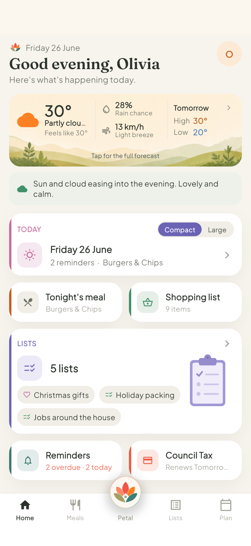 Petal Home app — the Home screen
