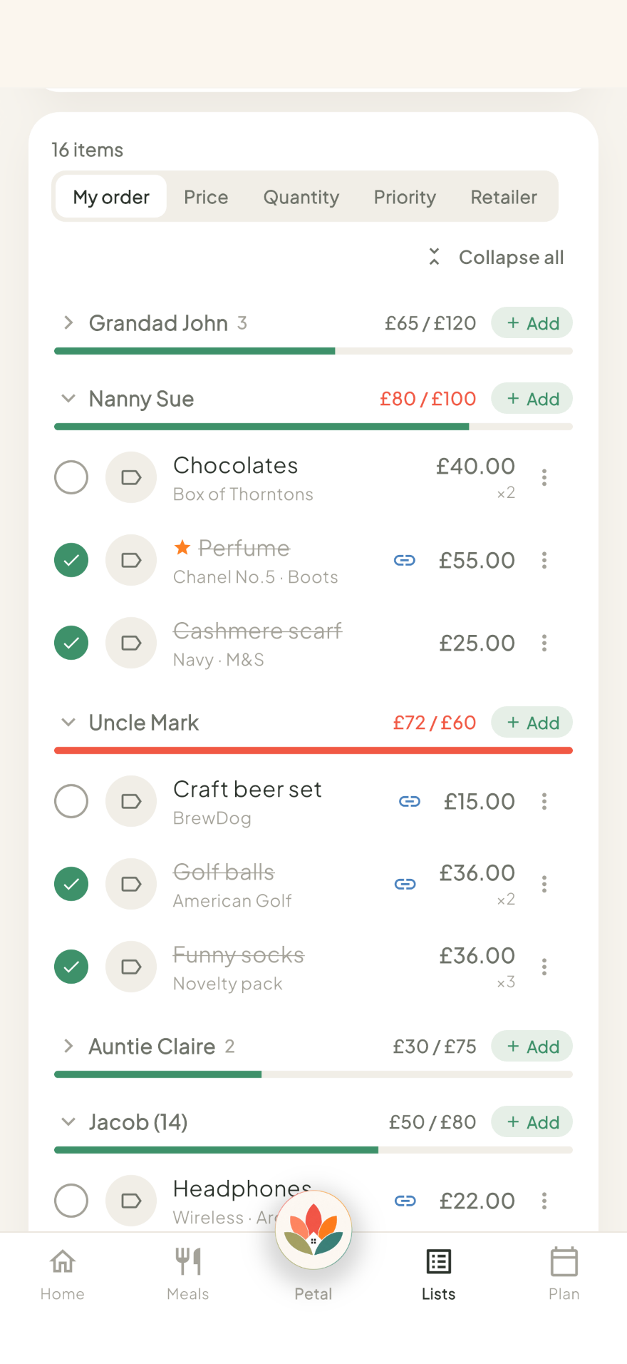 Petal Home shared gift list