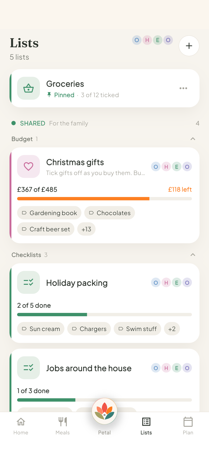 Petal Home lists overview