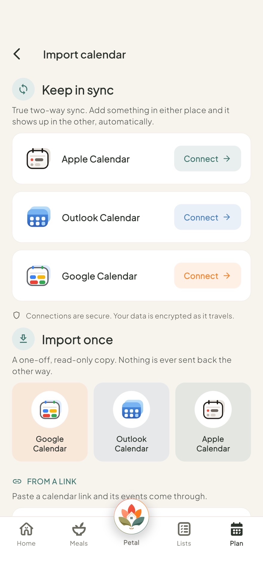 Connecting Google, Outlook or Apple Calendar in Petal Home