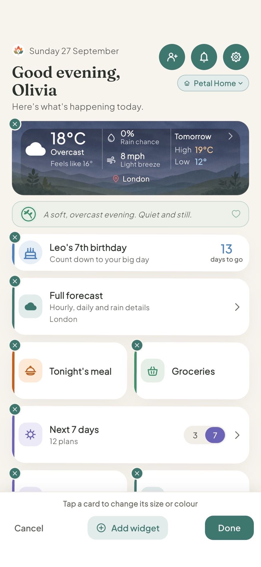 Customising the Home screen in Petal Home