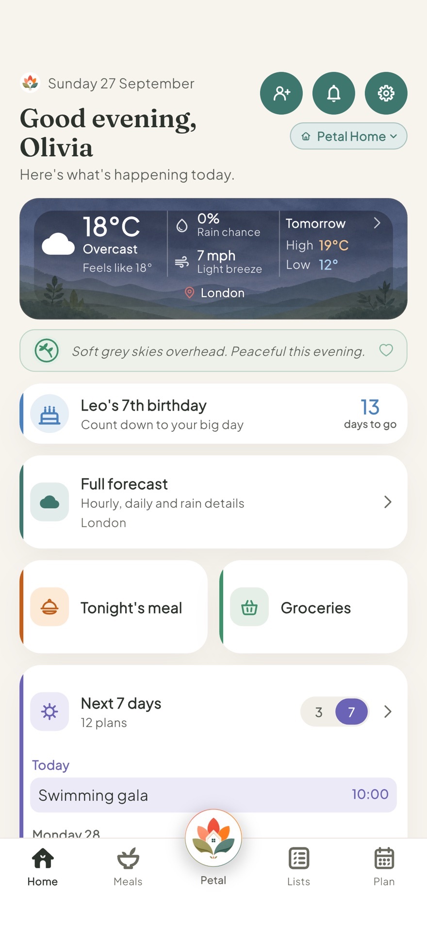 The Petal Home Home screen with today's plans, the weather and tonight's meal