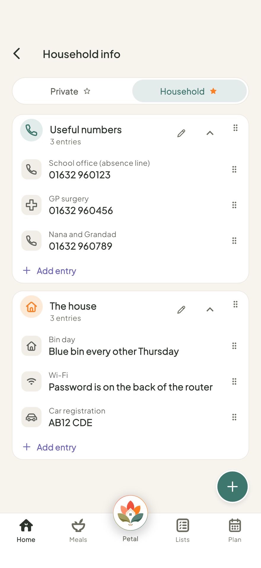 Household info in Petal Home with useful numbers, bin day and the Wi-Fi