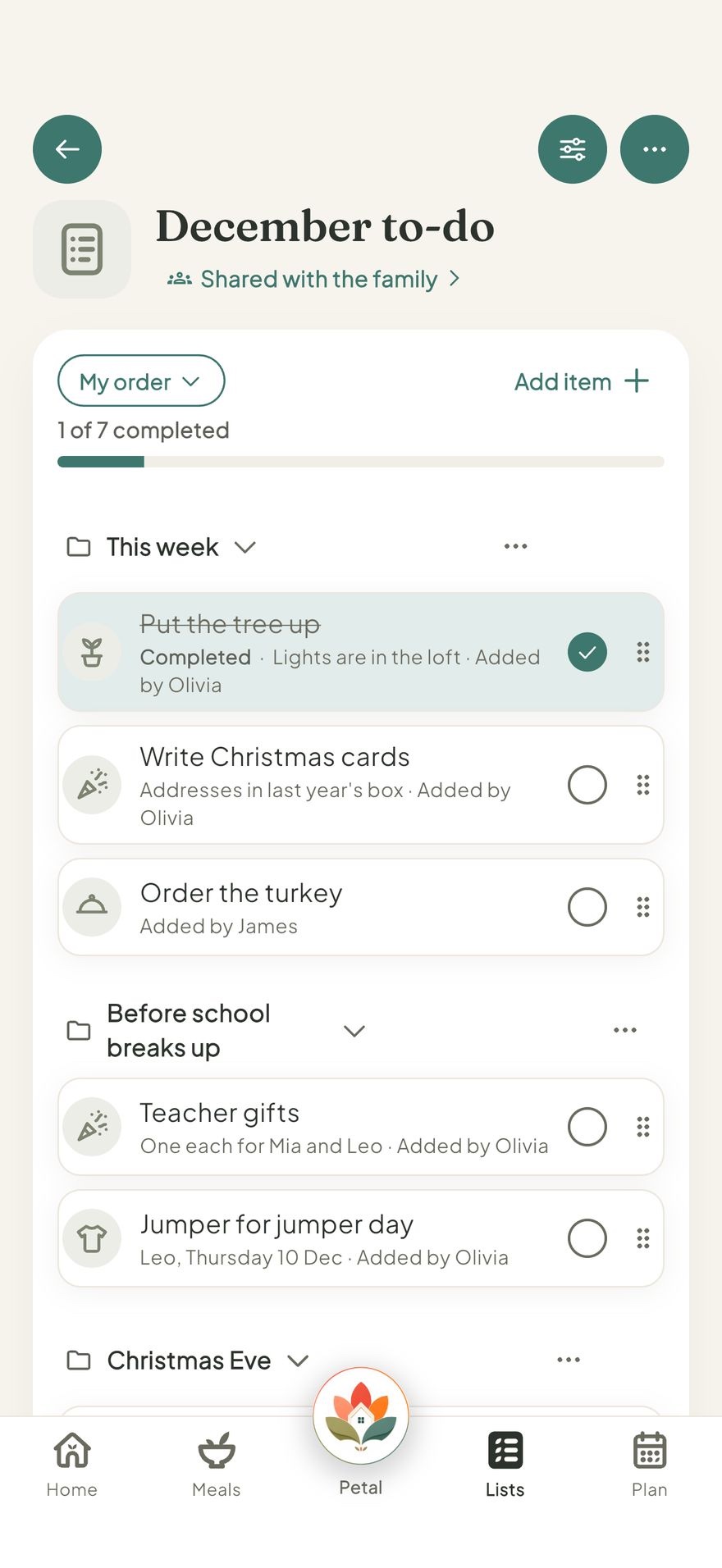 A shared to-do list with sections and notes