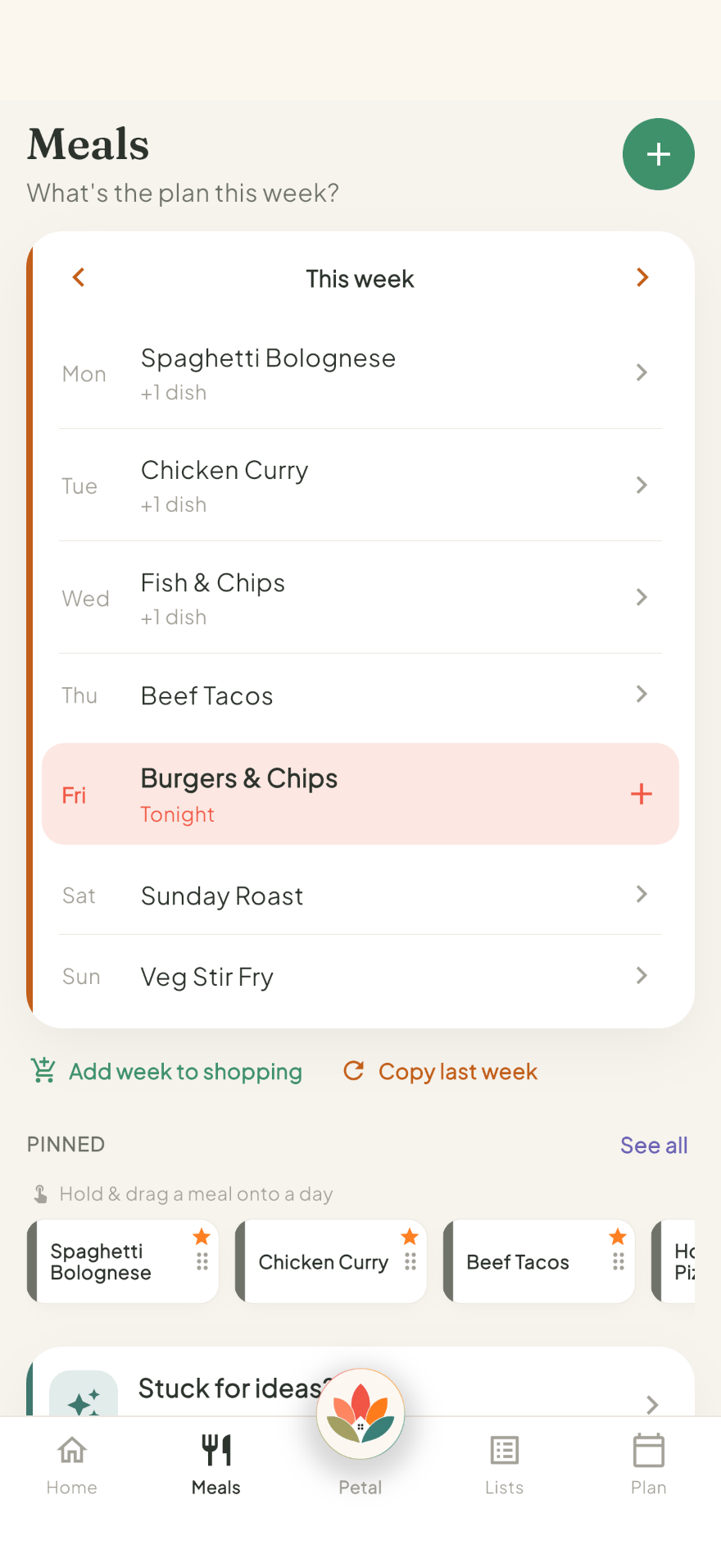 Petal Home meal plan screen