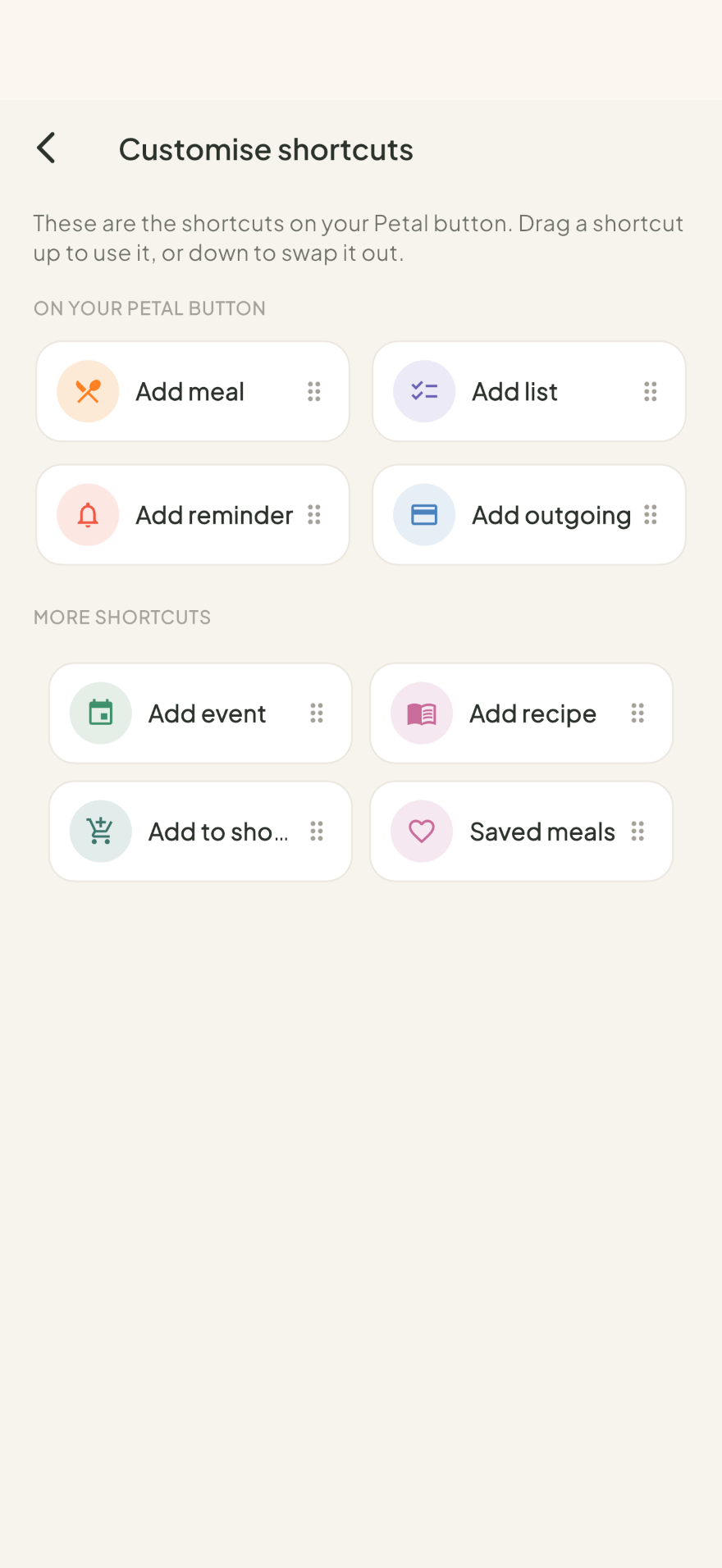Petal Home customise shortcuts screen